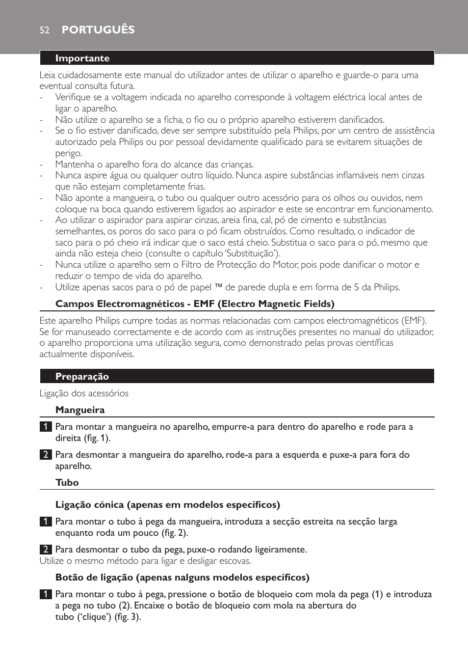 Português, Importante, Preparação | Mangueira, Tubo, Ligação cónica (apenas em modelos específicos) | Philips Aspirateur avec sac User Manual | Page 52 / 68