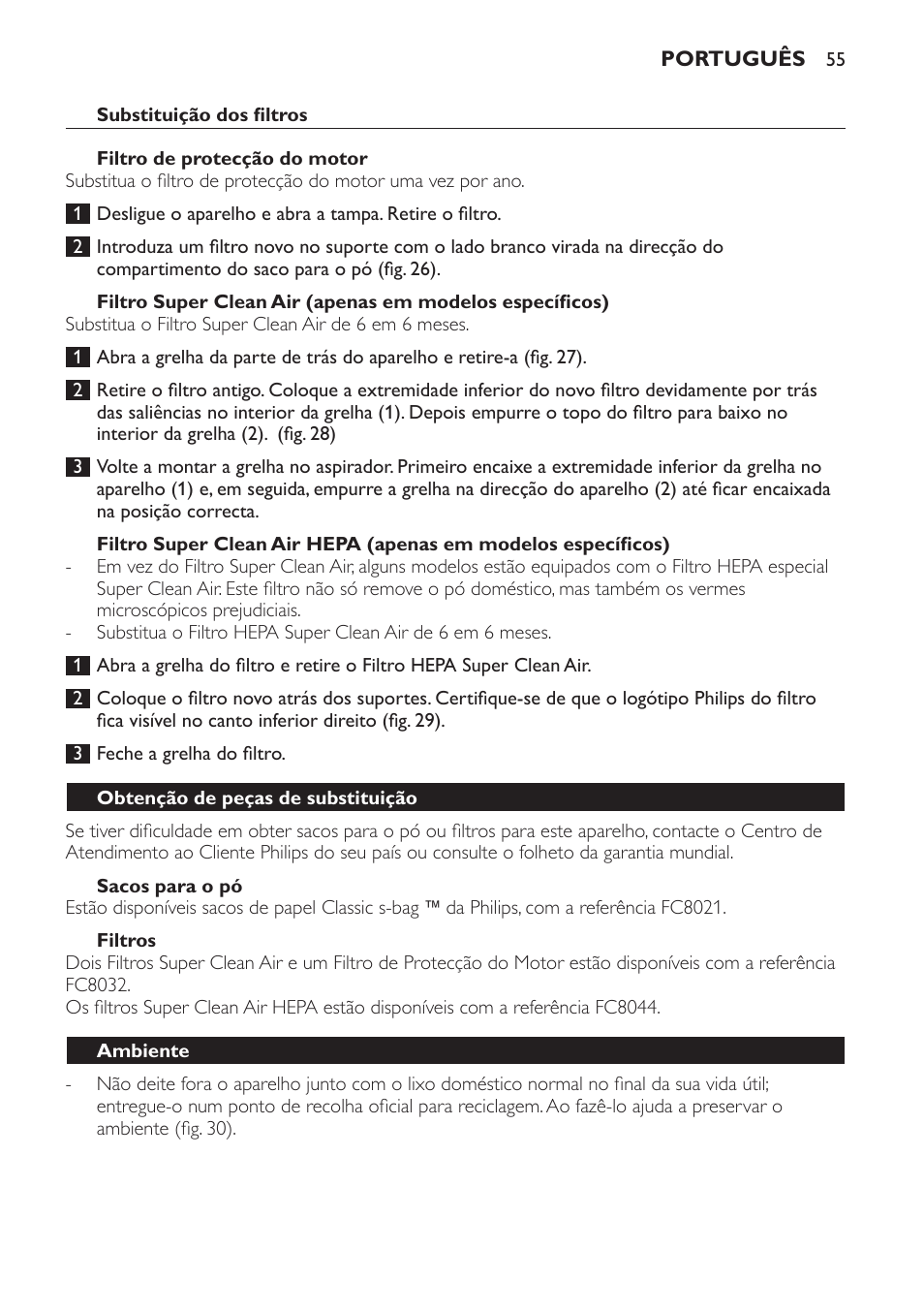 Sacos para o pó, Filtros, Obtenção de peças de substituição | Ambiente, Garantia e assistência, Resolução de problemas | Philips Aspirateur avec sac User Manual | Page 55 / 68