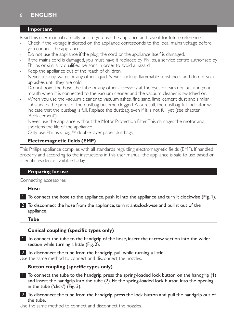 English, Important, Electromagnetic fields (emf) | Preparing for use, Hose, Tube, Conical coupling (specific types only), Button coupling (specific types only), Telescopic tube (specific types only) | Philips Aspirateur avec sac User Manual | Page 6 / 68