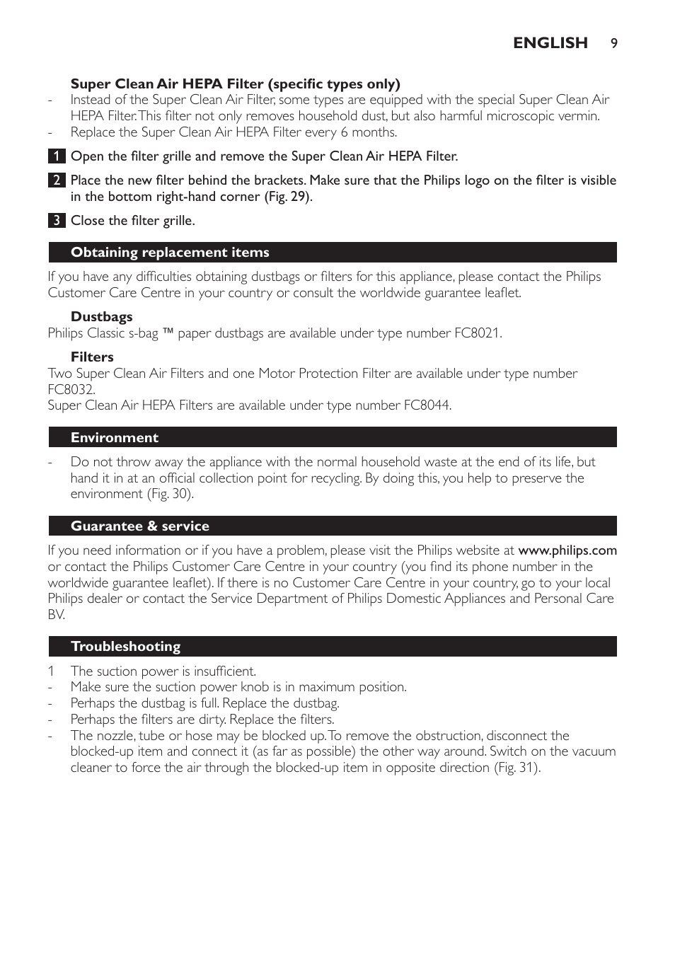 Dustbags, Filters, Obtaining replacement items | Environment, Guarantee & service, Troubleshooting | Philips Aspirateur avec sac User Manual | Page 9 / 68