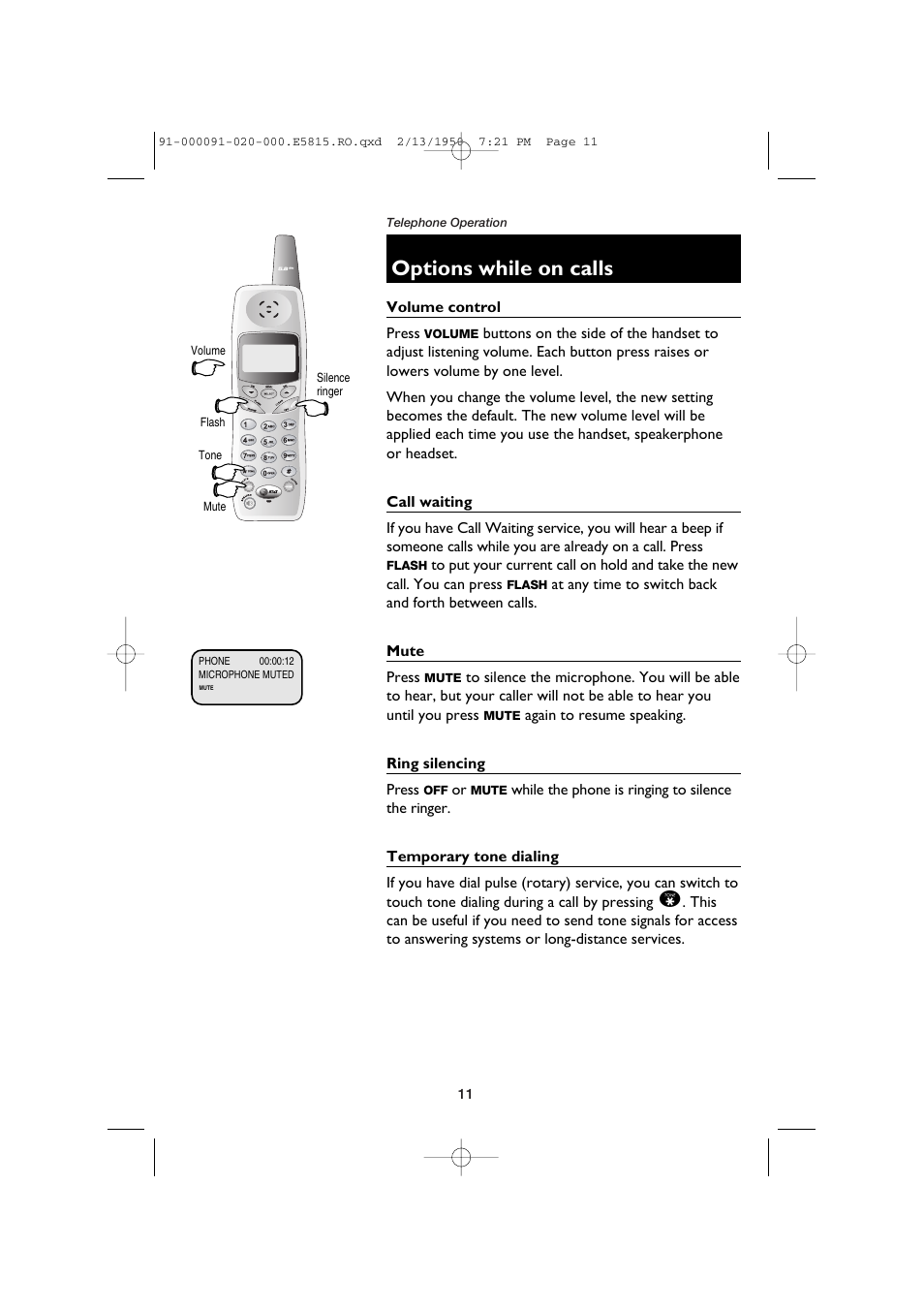 Options while on calls, Volume control, Call waiting | Mute, Ring silencing, Temporary tone dialing | AT&T E5815 User Manual | Page 13 / 56