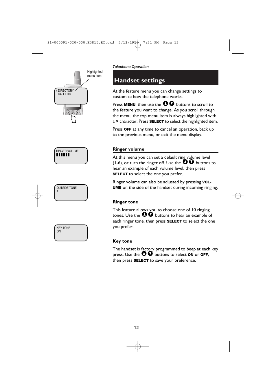 Handset settings, Ringer volume, Ringer tone | Key tone | AT&T E5815 User Manual | Page 14 / 56