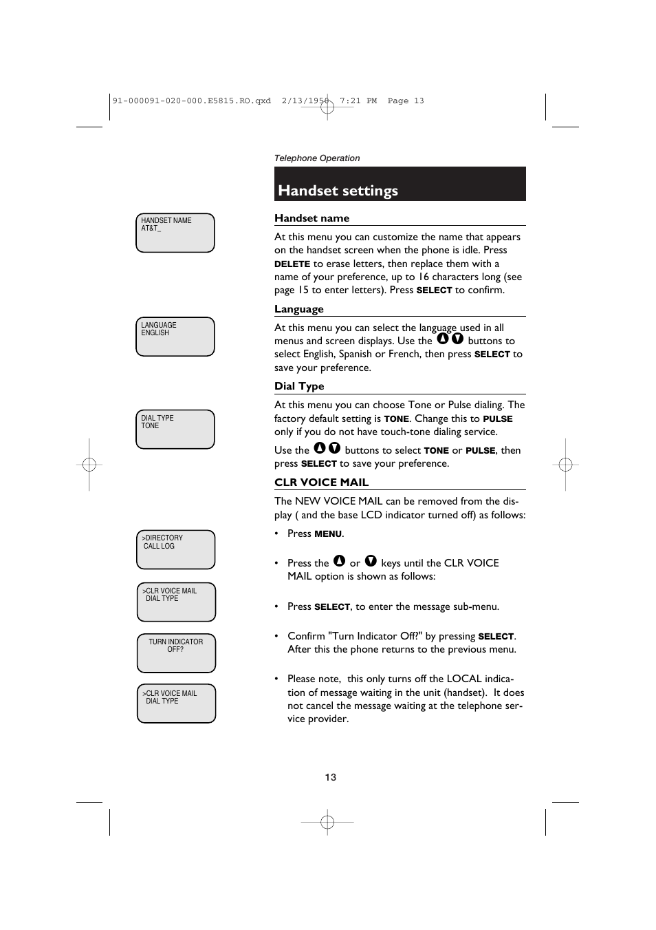 Handset name, Language, Dial type | Clr voice mail, Handset settings | AT&T E5815 User Manual | Page 15 / 56