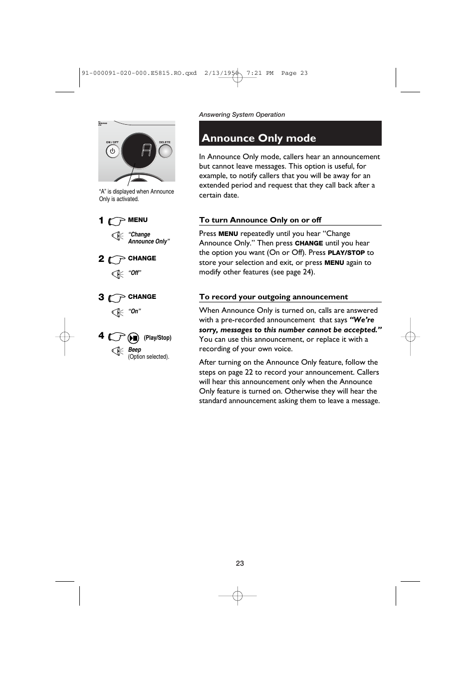 Announce only mode, To turn announce only on or off, To record your outgoing announcement | AT&T E5815 User Manual | Page 25 / 56