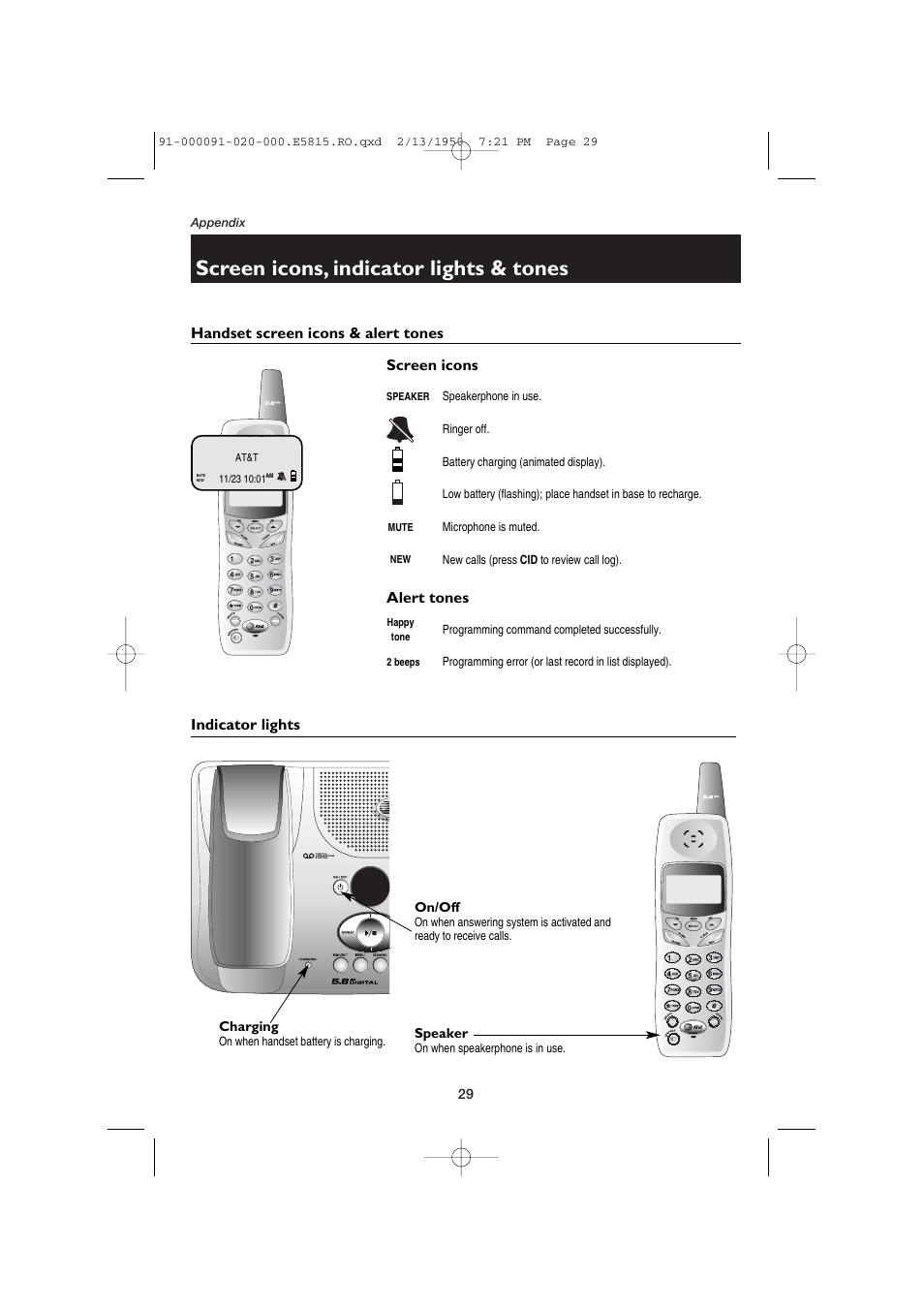 Screen icons, indicator lights & tones, Handset screen icons & alert tones, Indicator lights | Screen icons alert tones | AT&T E5815 User Manual | Page 31 / 56