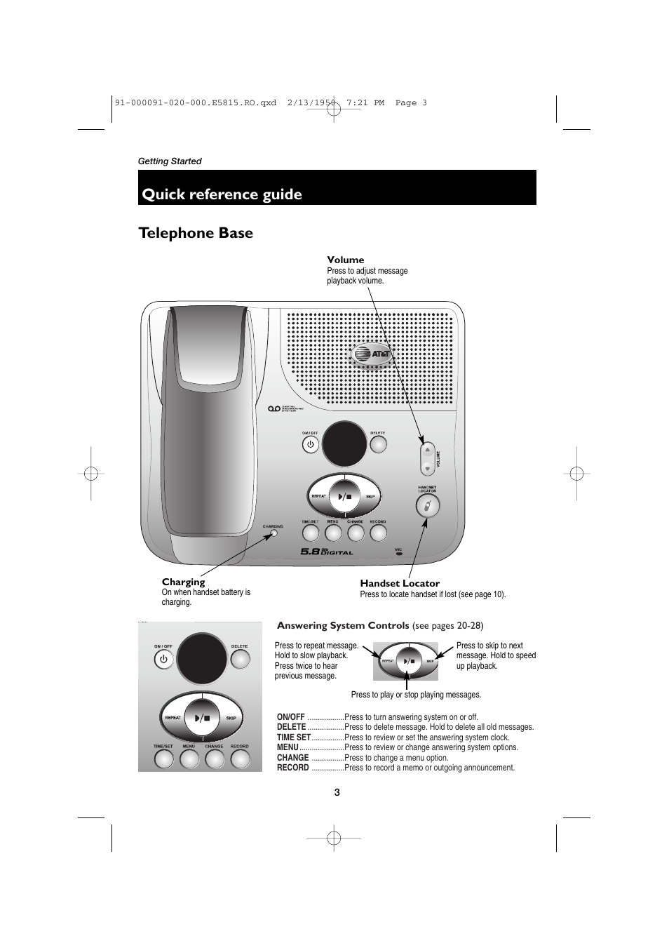 Telephone base, Answering system controls, Quick reference guide telephone base | AT&T E5815 User Manual | Page 5 / 56