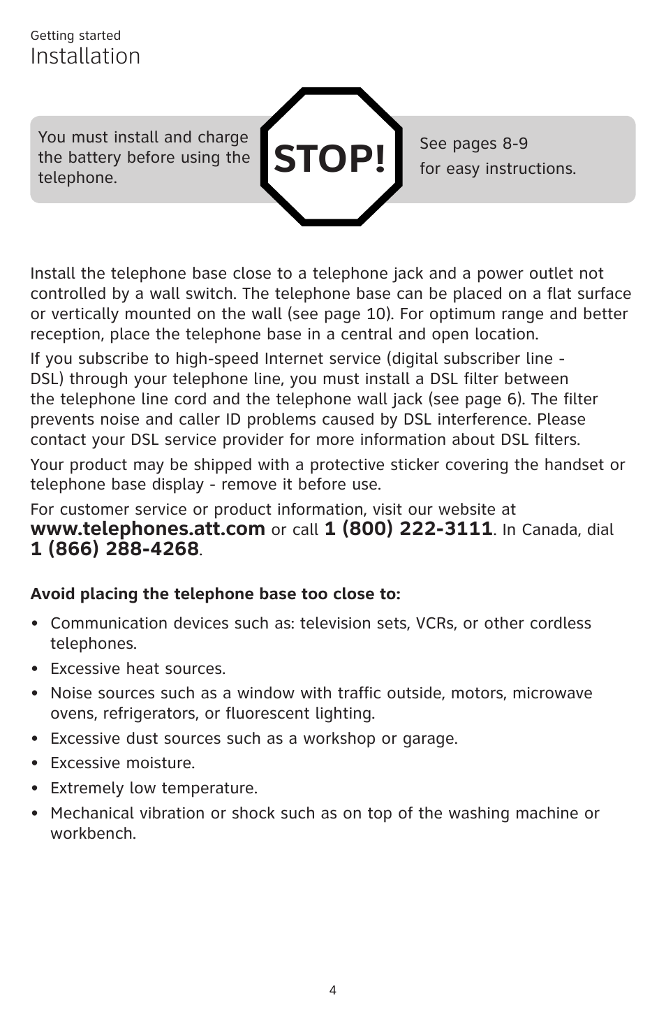 Installation, Stop | AT&T CL84109 User Manual | Page 10 / 95