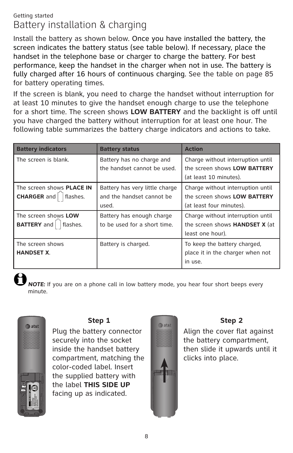 Battery installation & charging | AT&T CL84109 User Manual | Page 14 / 95