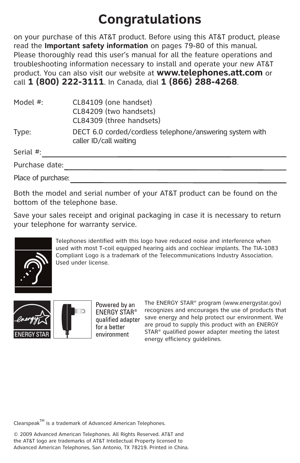 AT&T CL84109 User Manual | Page 2 / 95