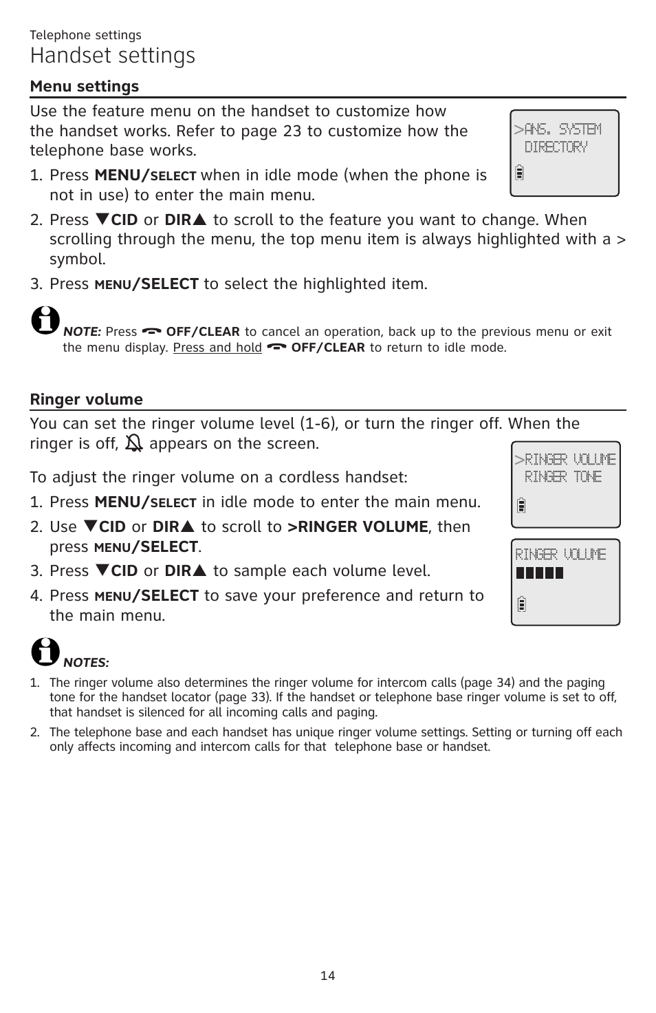 Handset settings, Menu settings ringer volume | AT&T CL84109 User Manual | Page 20 / 95