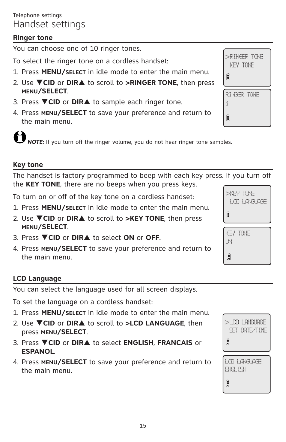 Ringer tone key tone lcd language, Handset settings | AT&T CL84109 User Manual | Page 21 / 95