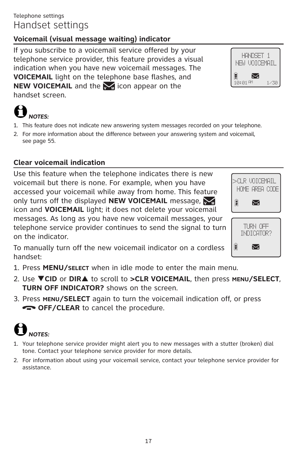 Voicemail (visual message waiting), Indicator, Clear voicemail indication | Handset settings | AT&T CL84109 User Manual | Page 23 / 95