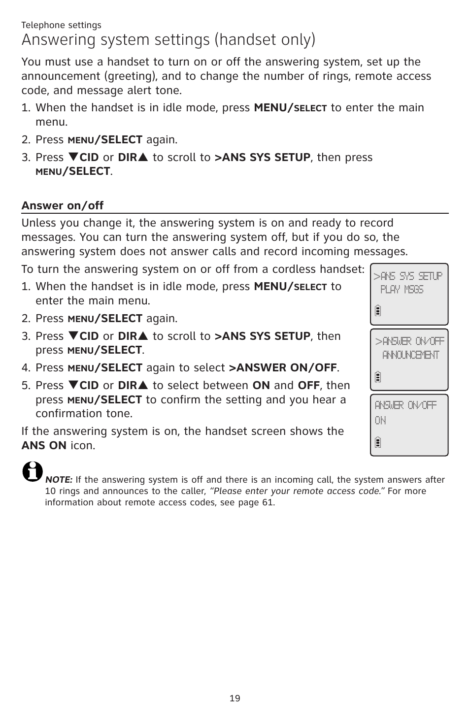 Answering system settings (handset only), Answer on/off | AT&T CL84109 User Manual | Page 25 / 95