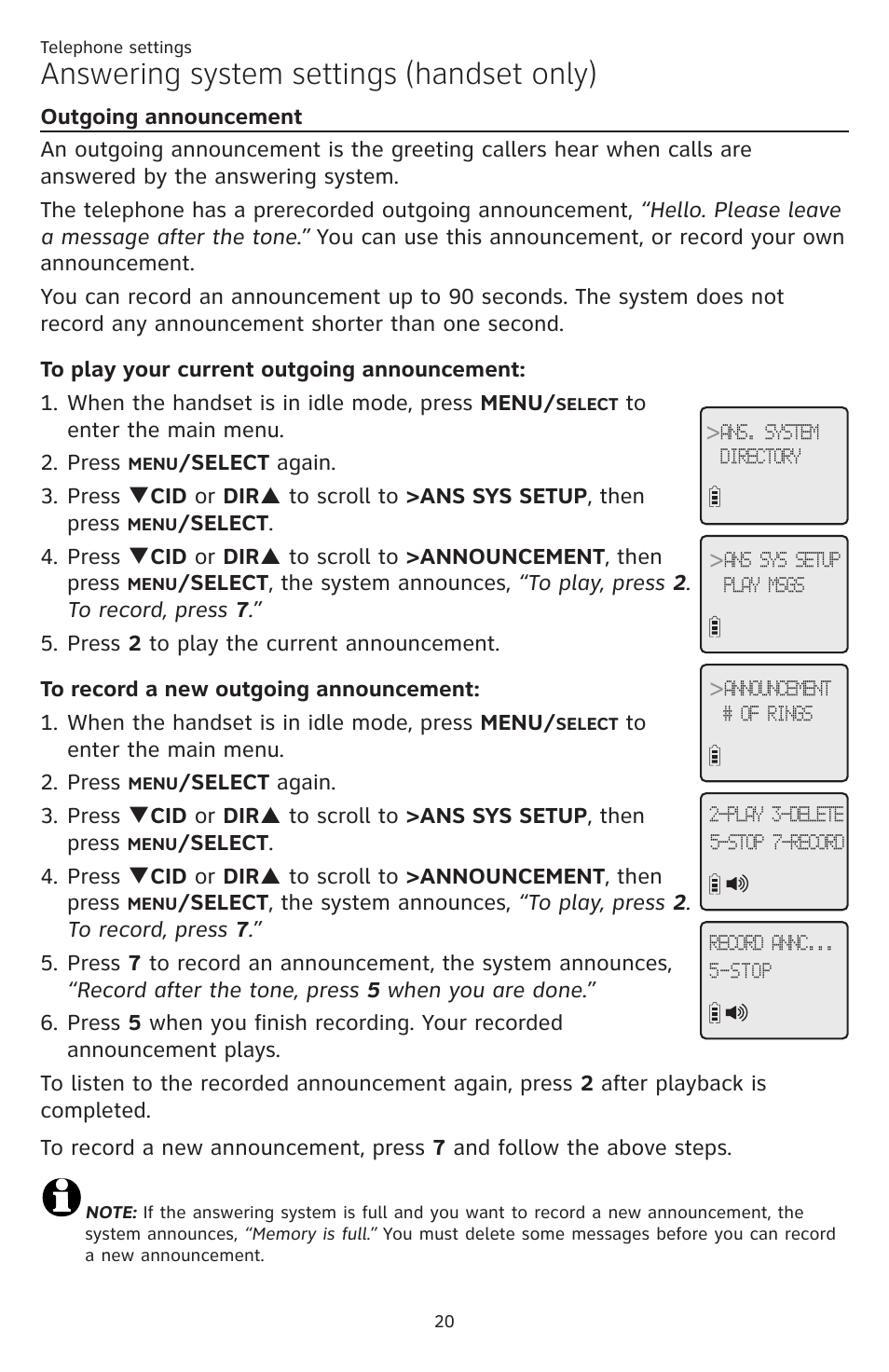 Nnouncement, Answering system settings (handset only) | AT&T CL84109 User Manual | Page 26 / 95