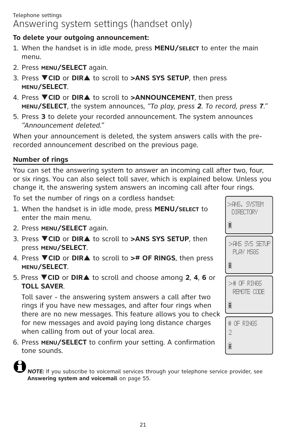 Number of rings, Answering system settings (handset only) | AT&T CL84109 User Manual | Page 27 / 95
