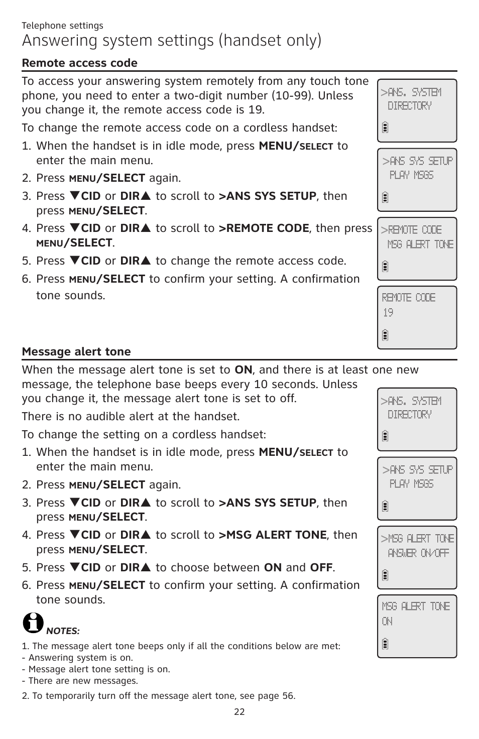 Remote access code message alert tone, Answering system settings (handset only) | AT&T CL84109 User Manual | Page 28 / 95