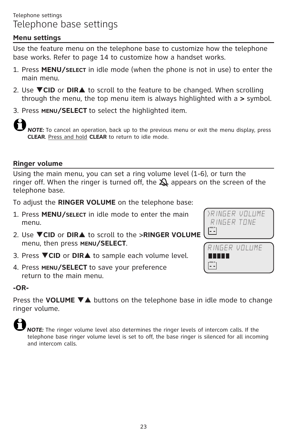 Telephone base settings, Ringer volume | AT&T CL84109 User Manual | Page 29 / 95