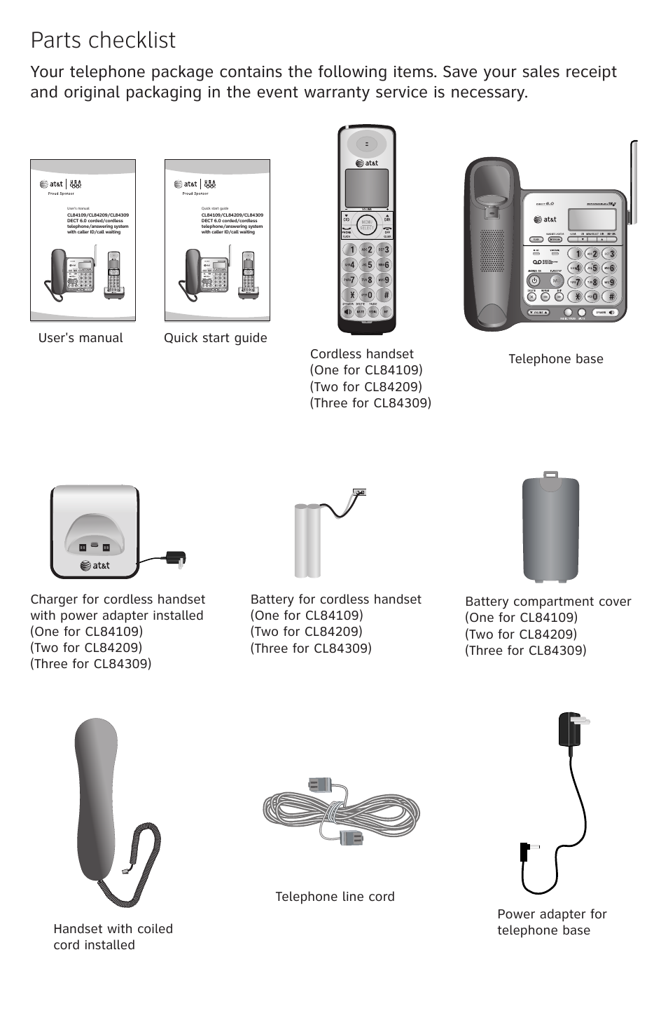 Parts checklist | AT&T CL84109 User Manual | Page 3 / 95