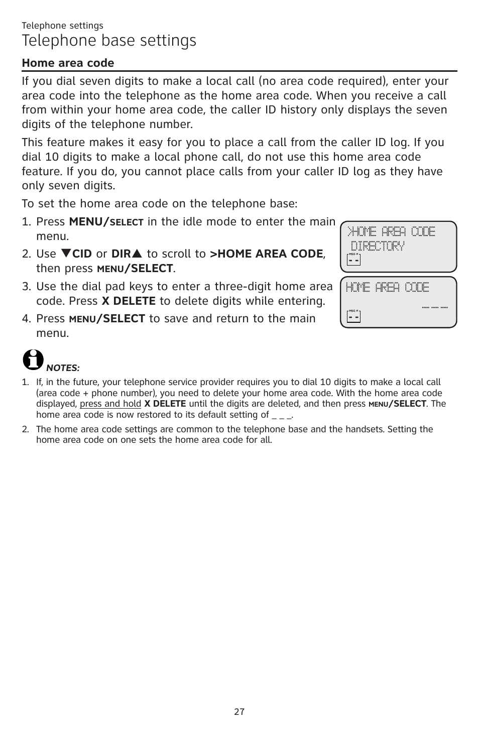 Home area code, Telephone base settings | AT&T CL84109 User Manual | Page 33 / 95