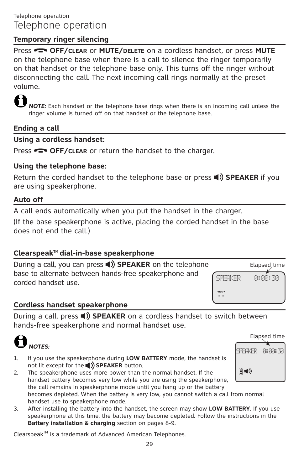 Dial-in-base, Speakerphone, Cordless handset speakerphone | Telephone operation | AT&T CL84109 User Manual | Page 35 / 95