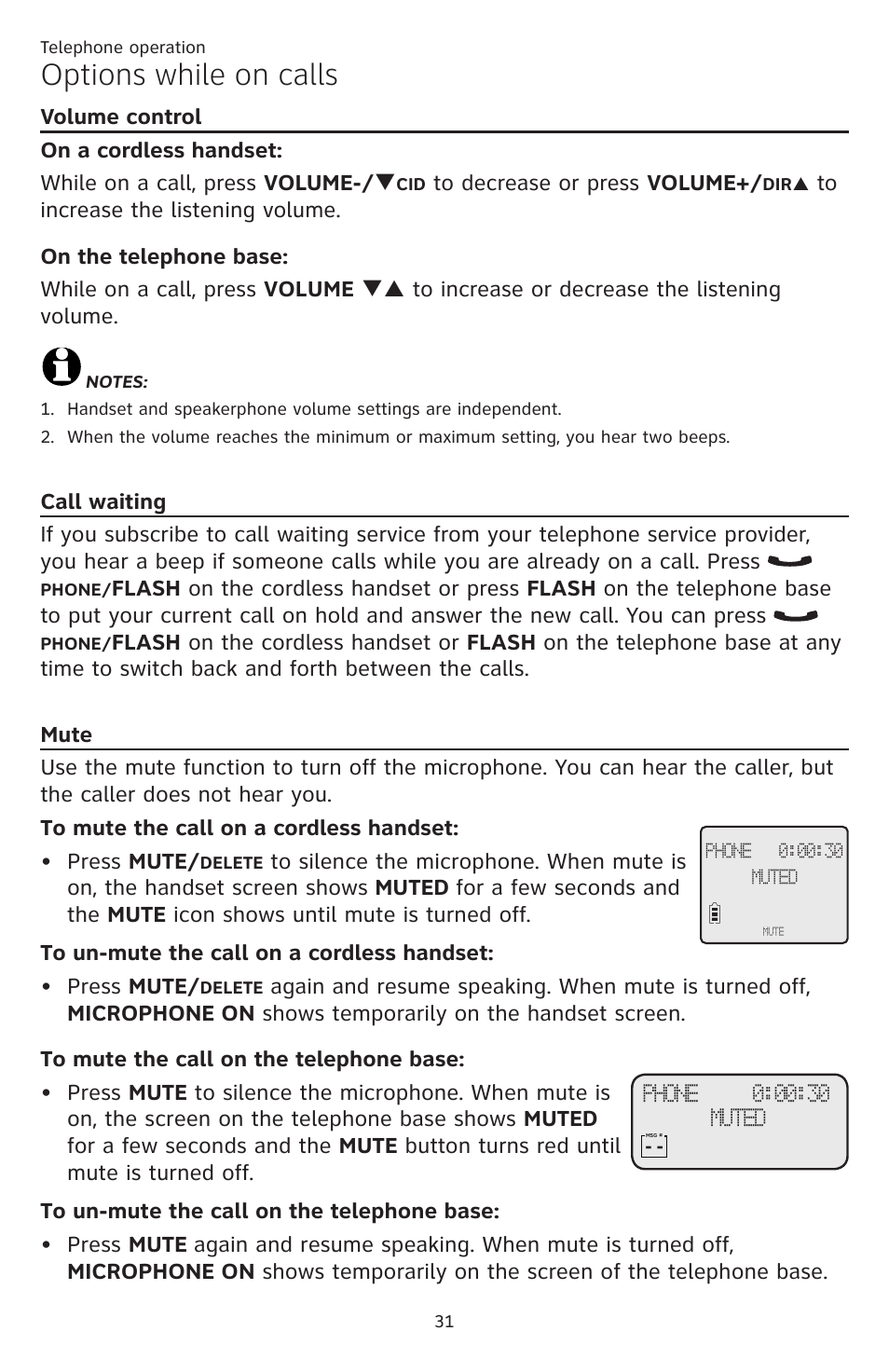 Options while on calls, Volume control call waiting mute | AT&T CL84109 User Manual | Page 37 / 95