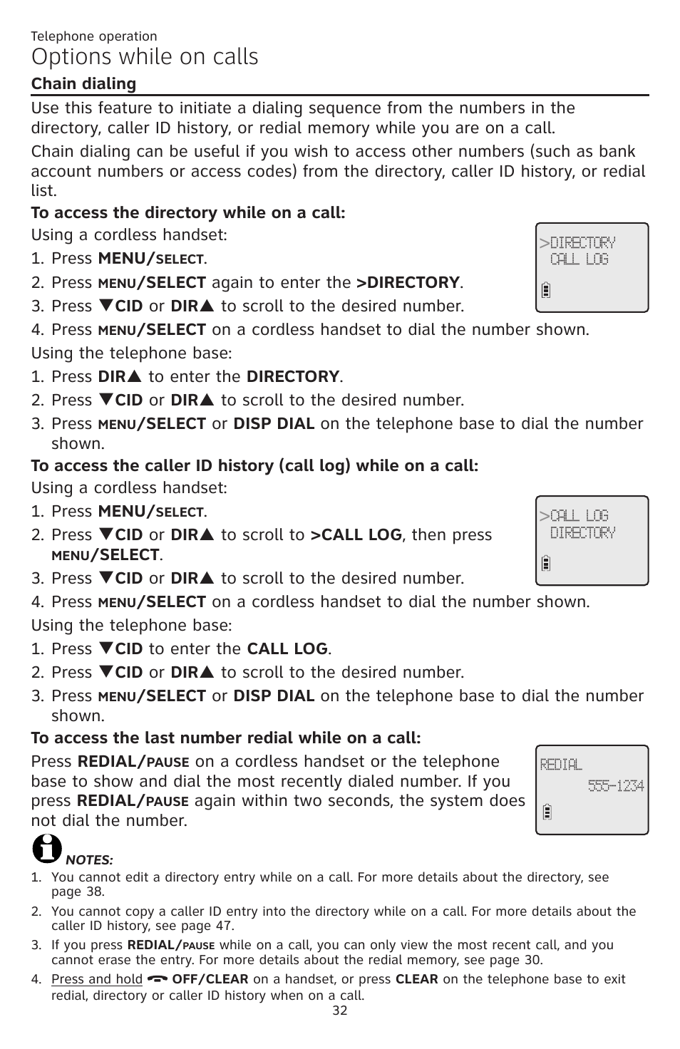 Chain dialing, Options while on calls | AT&T CL84109 User Manual | Page 38 / 95