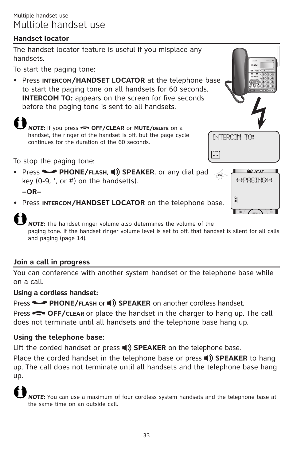 Multiple handset use, Handset locator join a call in progress | AT&T CL84109 User Manual | Page 39 / 95