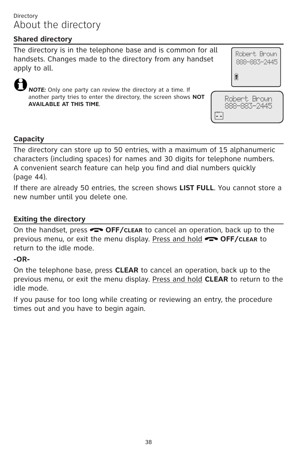 Directory, About the directory, Shared directory capacity exiting the directory | AT&T CL84109 User Manual | Page 44 / 95