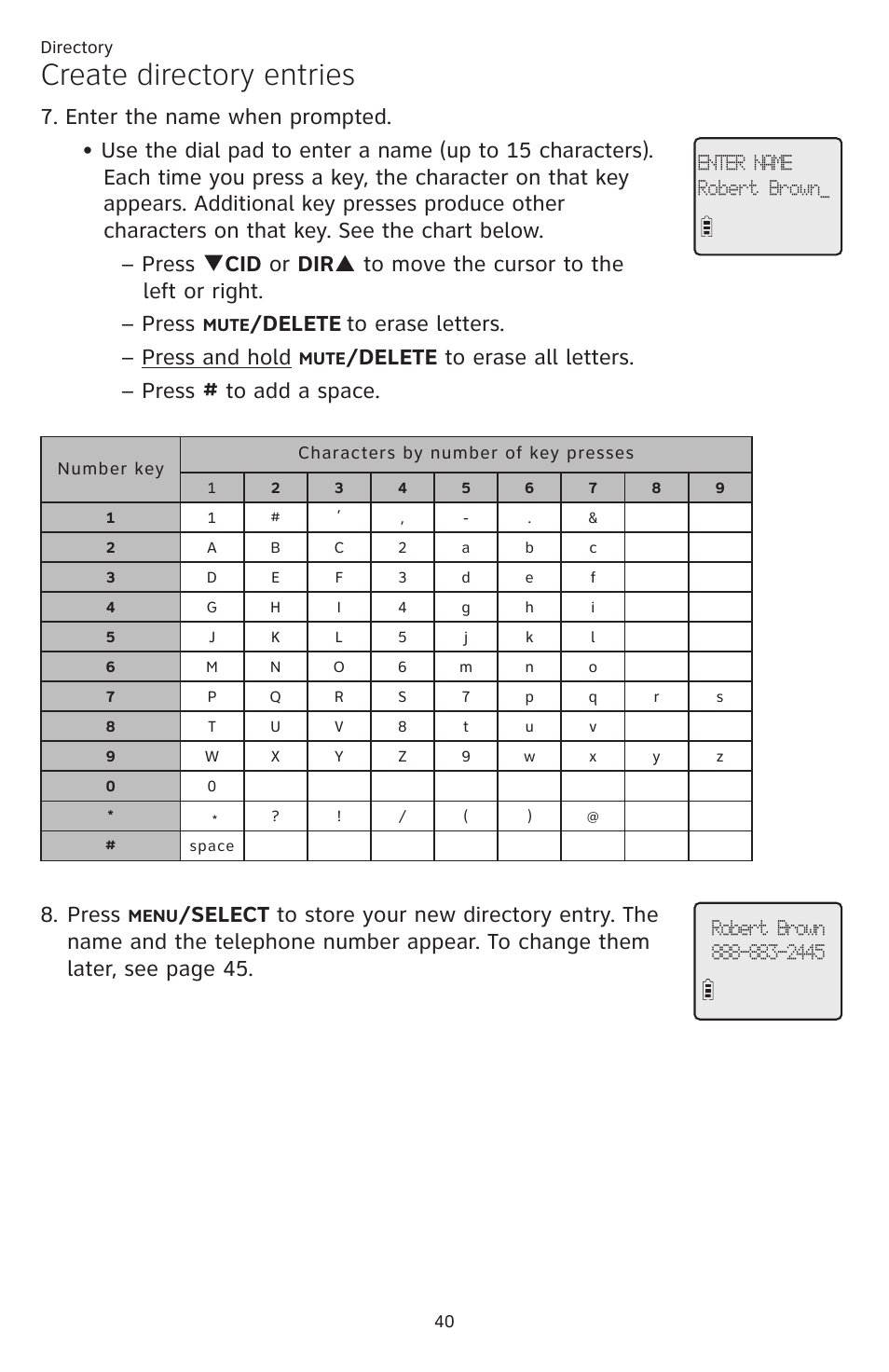 Create directory entries, Delete, Press | AT&T CL84109 User Manual | Page 46 / 95