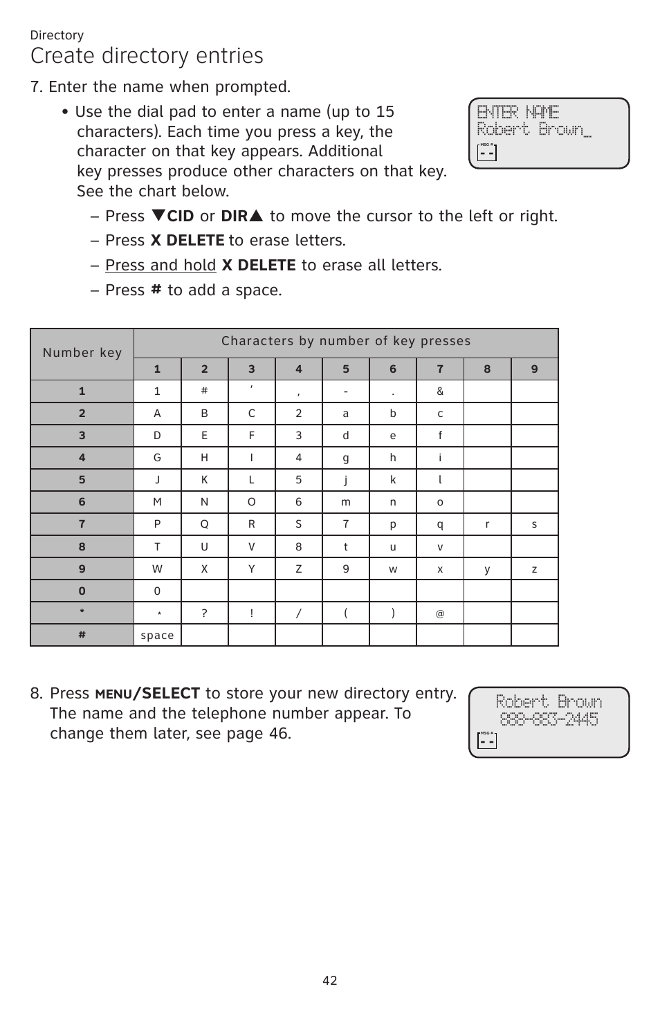 Create directory entries, Press | AT&T CL84109 User Manual | Page 48 / 95