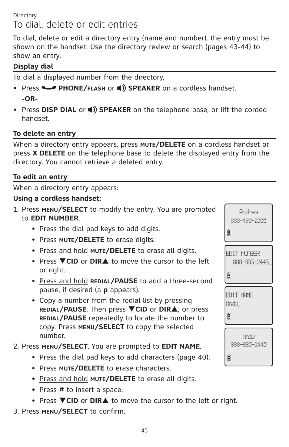 To dial, delete or edit entries, Display dial to delete an entry to edit an entry | AT&T CL84109 User Manual | Page 51 / 95