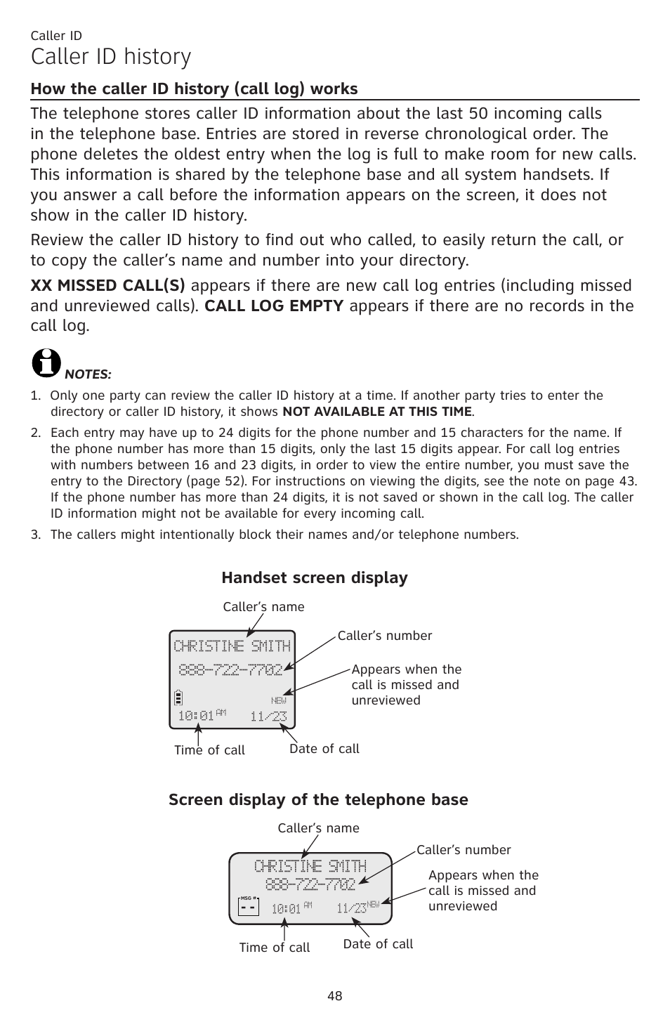 Caller id history, How the caller id history (call log), Works | Handset screen display, Screen display of the telephone base | AT&T CL84109 User Manual | Page 54 / 95