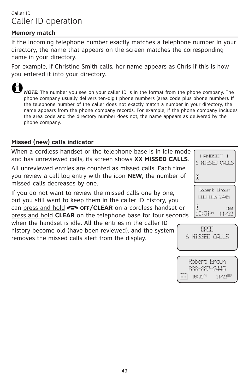 Caller id operation, Memory match missed (new) calls indicator | AT&T CL84109 User Manual | Page 55 / 95