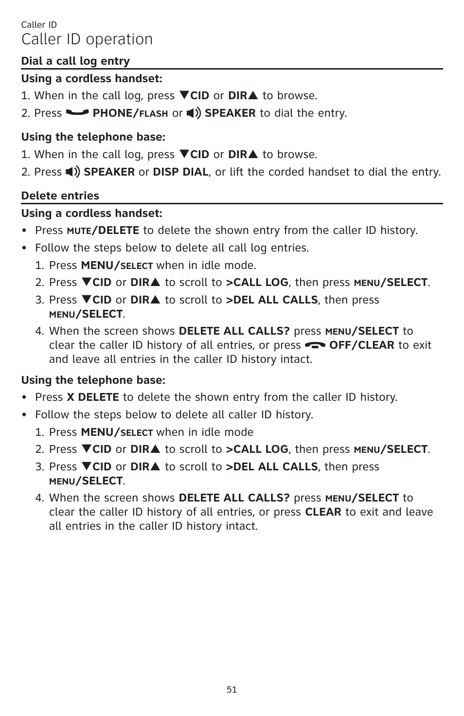 Dial a call log entry delete entries, Caller id operation | AT&T CL84109 User Manual | Page 57 / 95