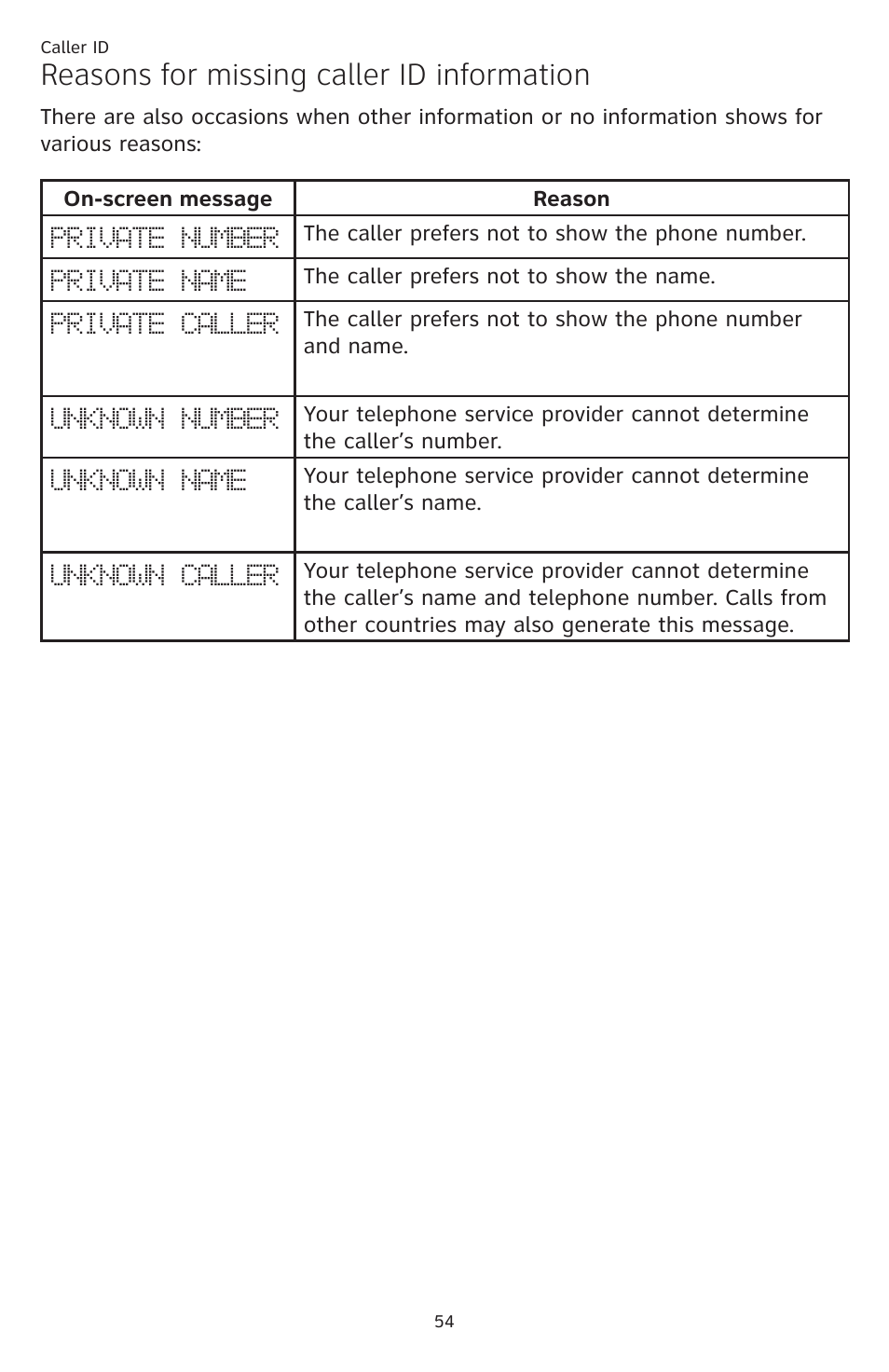 Reasons for missing caller id, Information, Reasons for missing caller id information | AT&T CL84109 User Manual | Page 60 / 95