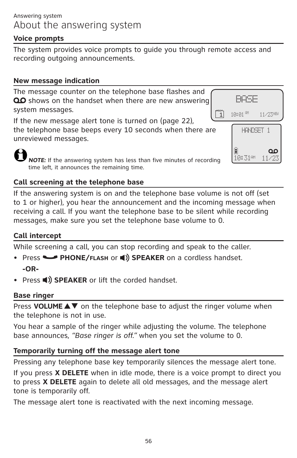 Base, Message alert tone, About the answering system | AT&T CL84109 User Manual | Page 62 / 95