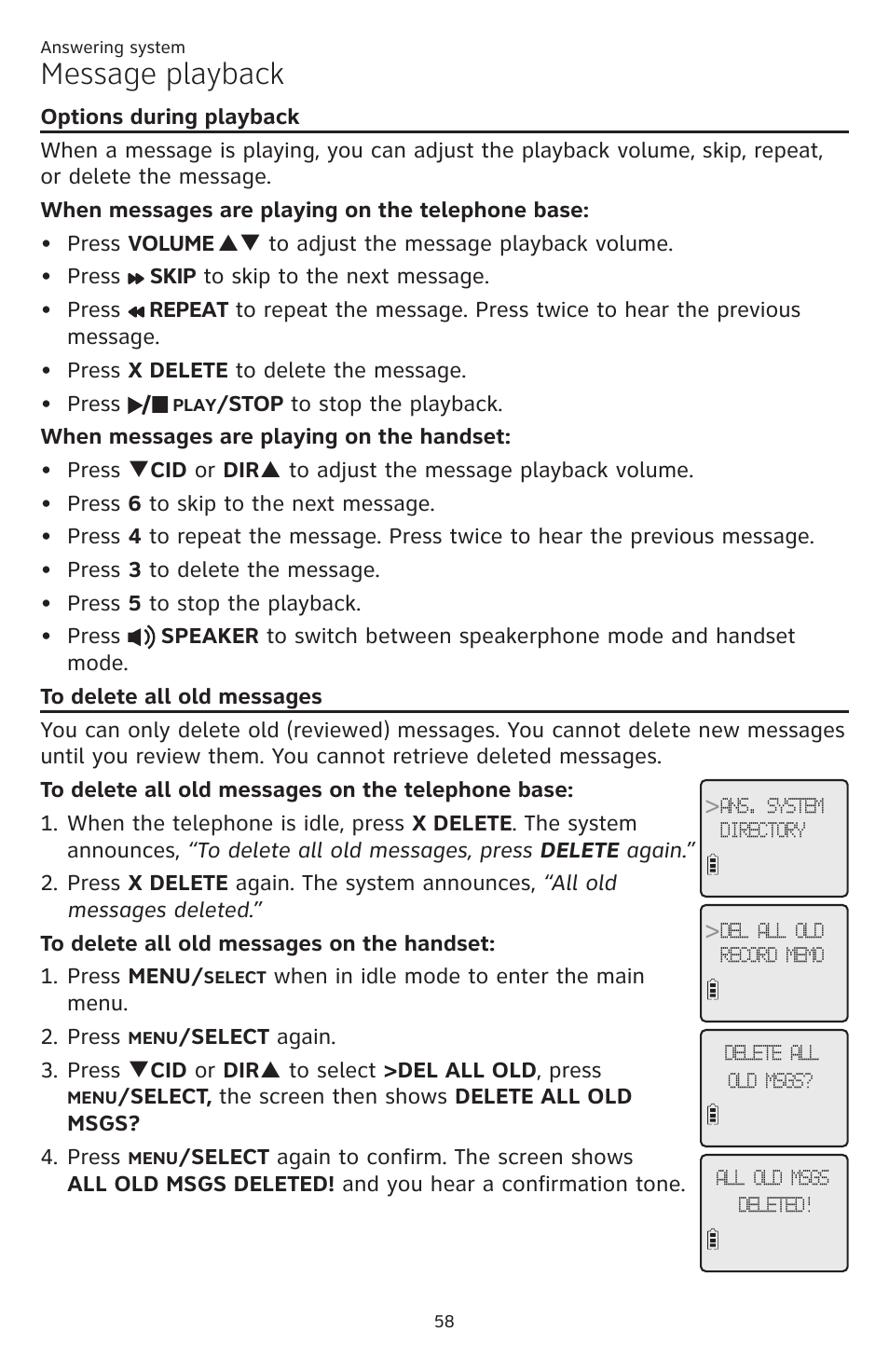 Options during playback to delete all old messages, Message playback | AT&T CL84109 User Manual | Page 64 / 95