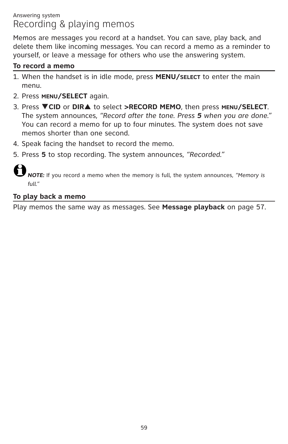 Recording & playing memos, To record a memo to play back a memo | AT&T CL84109 User Manual | Page 65 / 95