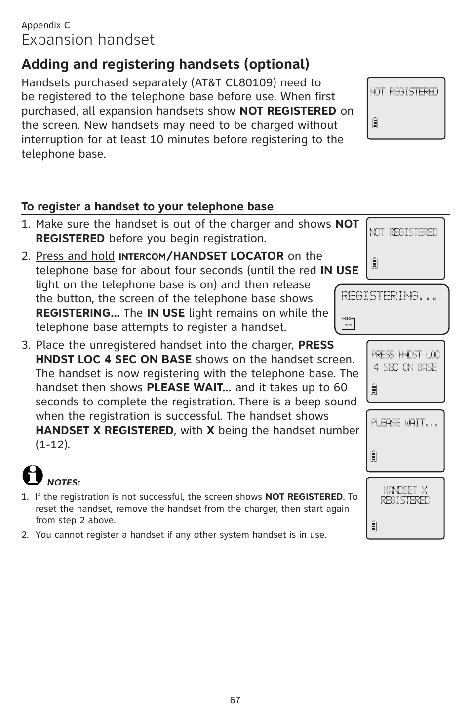 To register a handset to your, Telephone base, Expansion handset | Adding and registering handsets (optional) | AT&T CL84109 User Manual | Page 73 / 95