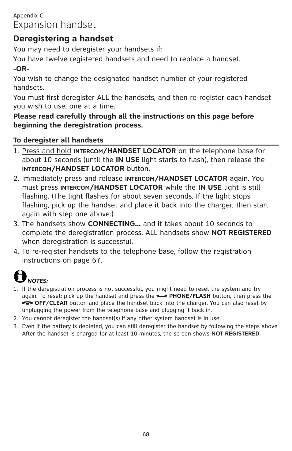 To deregister all handsets, Expansion handset, Deregistering a handset | AT&T CL84109 User Manual | Page 74 / 95