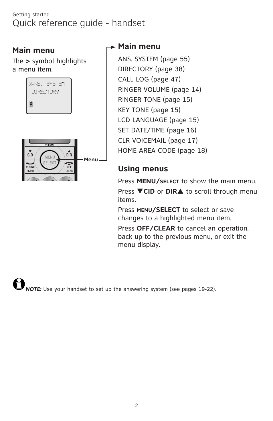 Quick reference guide - handset, Main menu, Using menus | AT&T CL84109 User Manual | Page 8 / 95