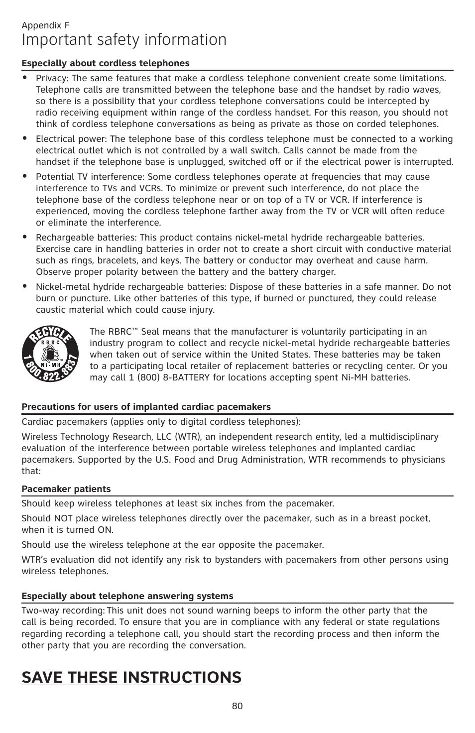 Especially about cordless, Telephones, Precautions for users of implanted | Cardiac pacemakers, Pacemaker patients, Important safety information, Save these instructions | AT&T CL84109 User Manual | Page 86 / 95