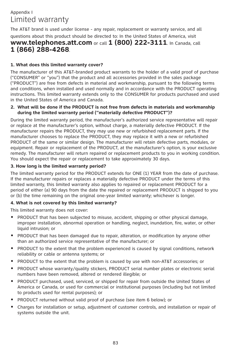Appendix i, Limited warranty | AT&T CL84109 User Manual | Page 89 / 95