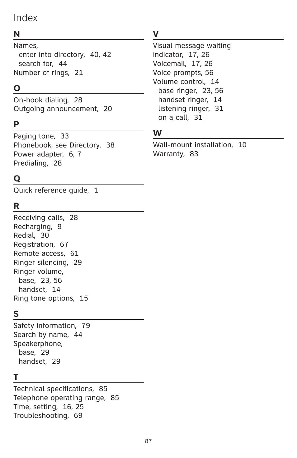Index | AT&T CL84109 User Manual | Page 93 / 95