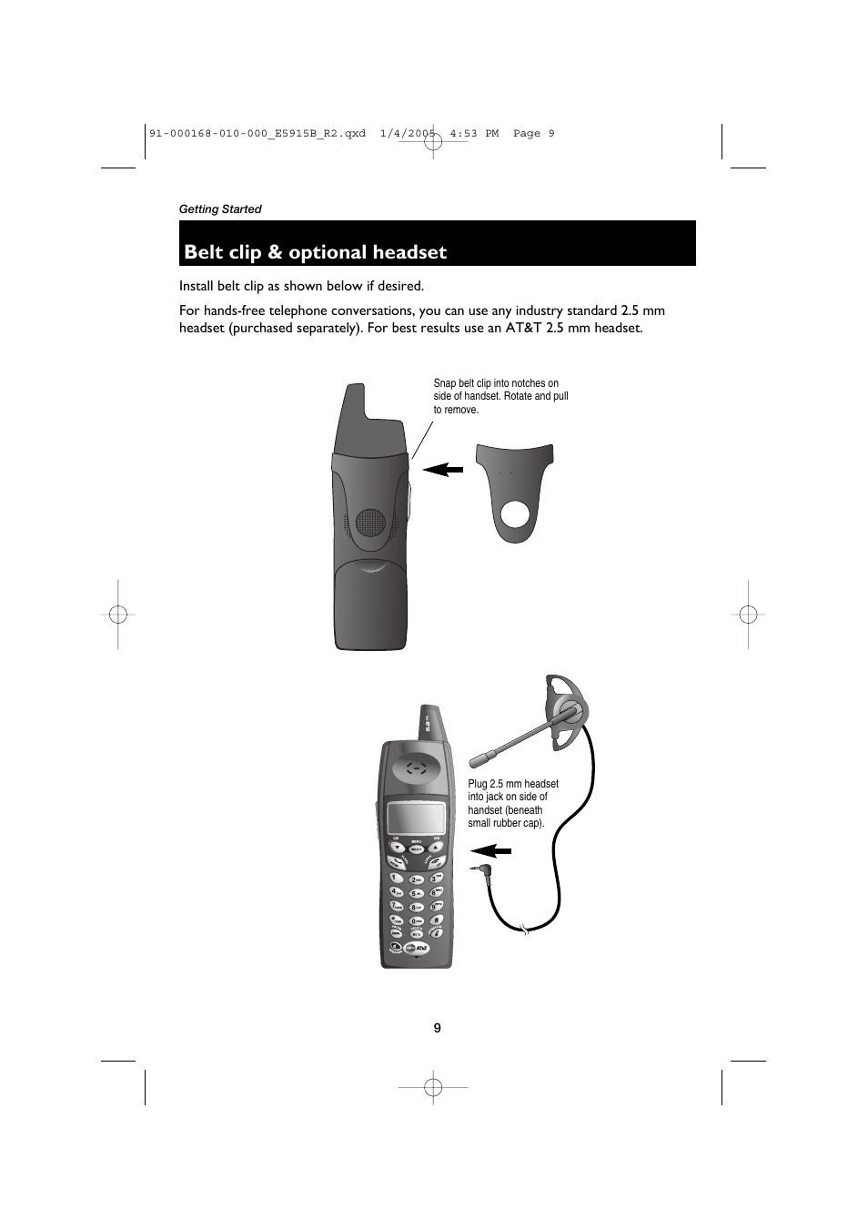 Belt clip & optional headset | AT&T E5915B User Manual | Page 11 / 28