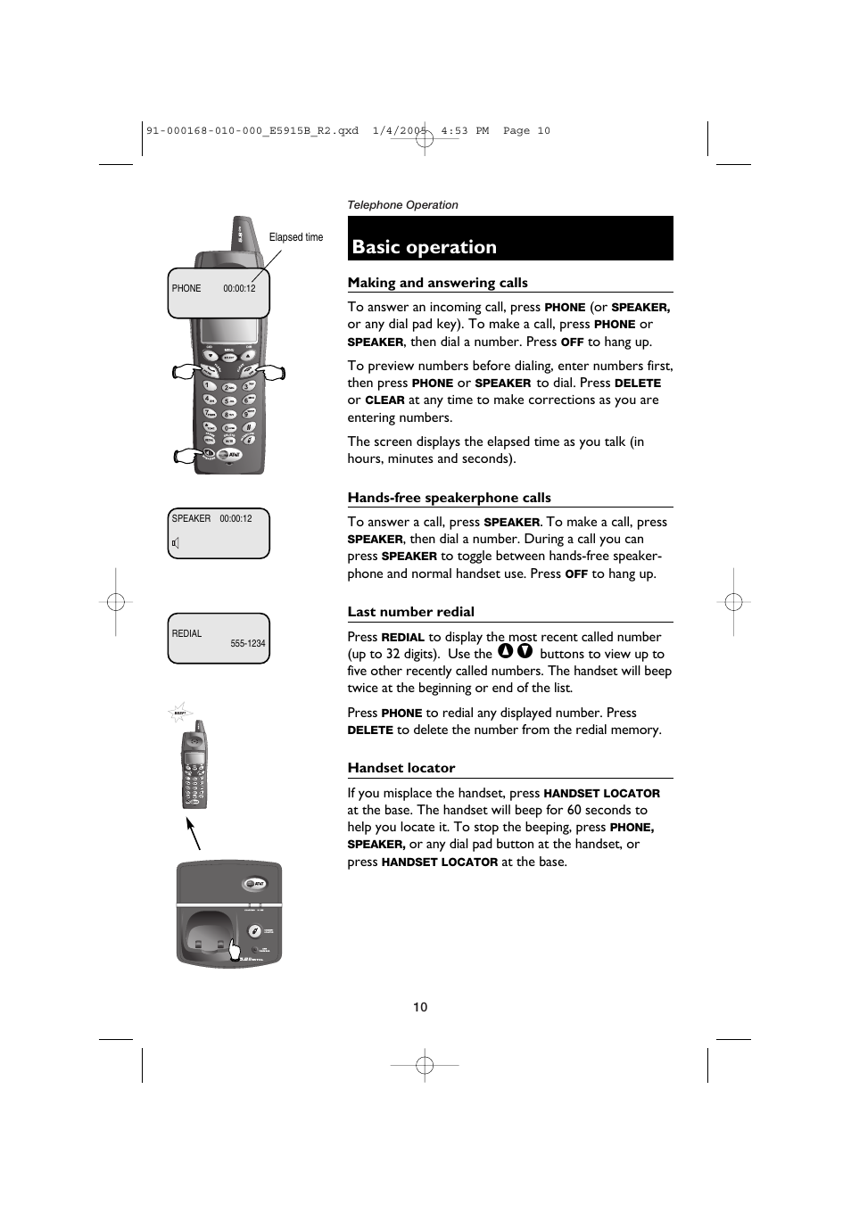 Basic operation, Making and answering calls, Hands-free speakerphone calls | Last number redial, Handset locator | AT&T E5915B User Manual | Page 12 / 28