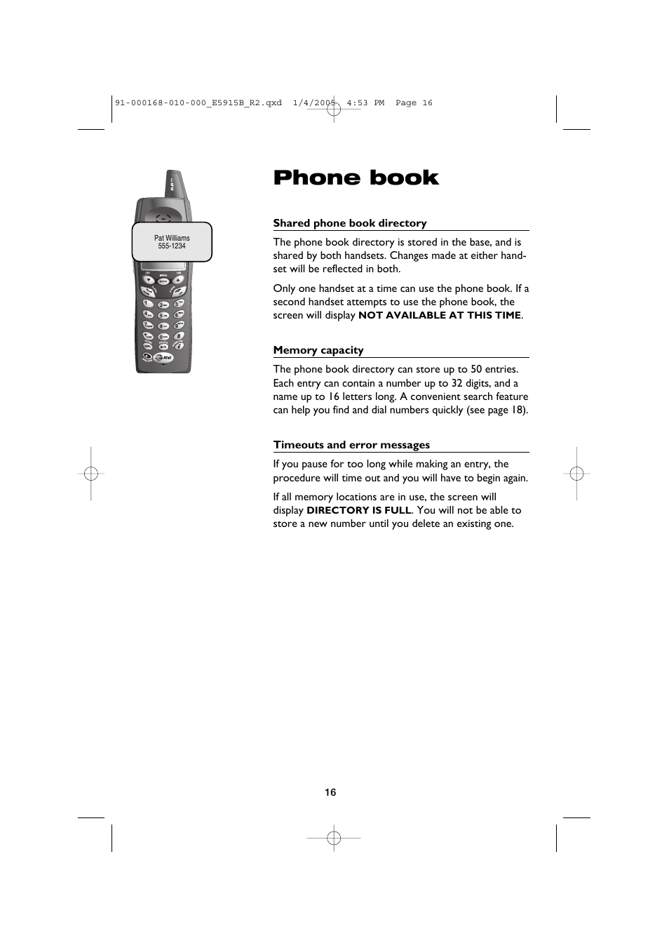 Phone book, Memory capacity, Timeouts and error messages | AT&T E5915B User Manual | Page 18 / 28