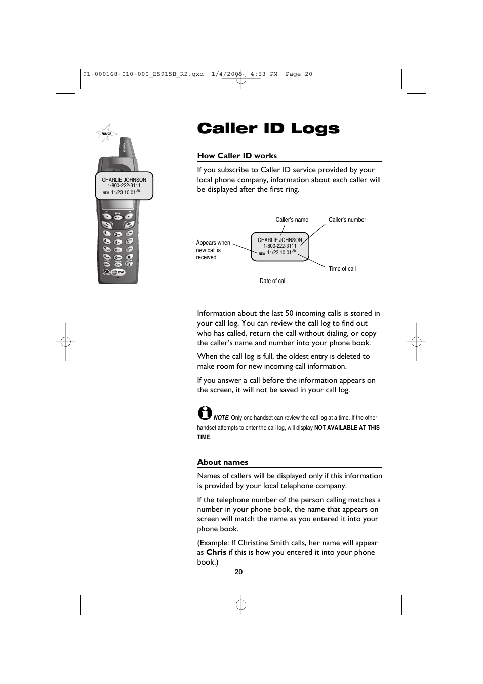 Caller id logs, About names | AT&T E5915B User Manual | Page 22 / 28