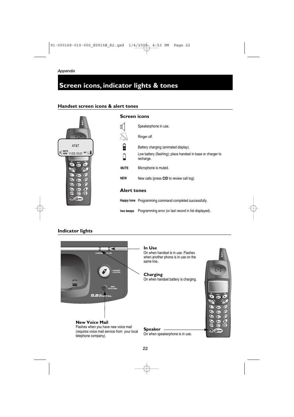 Screen icons, indicator lights & tones, Handset screen icons & alert tones, Indicator lights screen icons alert tones | AT&T E5915B User Manual | Page 24 / 28