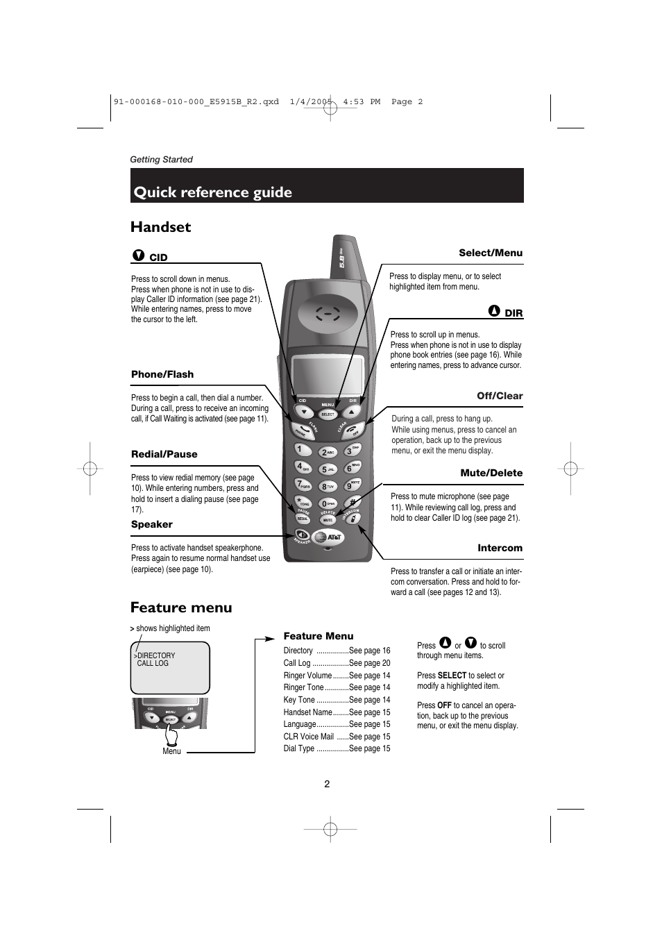 Quick reference guide, Handset, Phone/flash | Redial/pause, Speaker, Select/menu, Off/clear, Mute/delete, Intercom, Feature menu | AT&T E5915B User Manual | Page 4 / 28